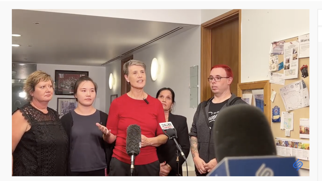 Live stream conga line of Carolyn Smith, Aged Care Director, United Workers Union & Aged Care Workers (Curtis, Marina, Shin,Teresa)