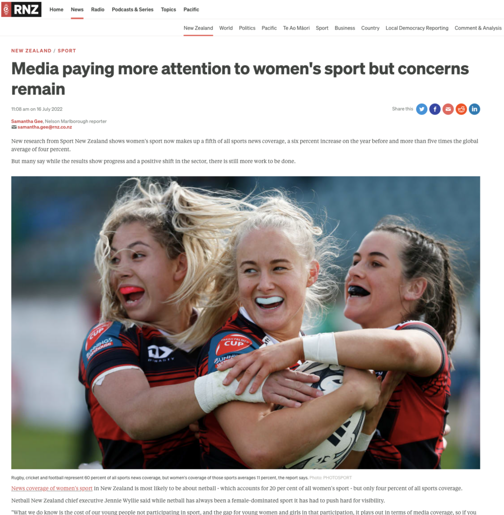 Article referencing the research and how it's impacting women in sports coverage by online news publication, RNZ. An example of stakeholder engagement strategy