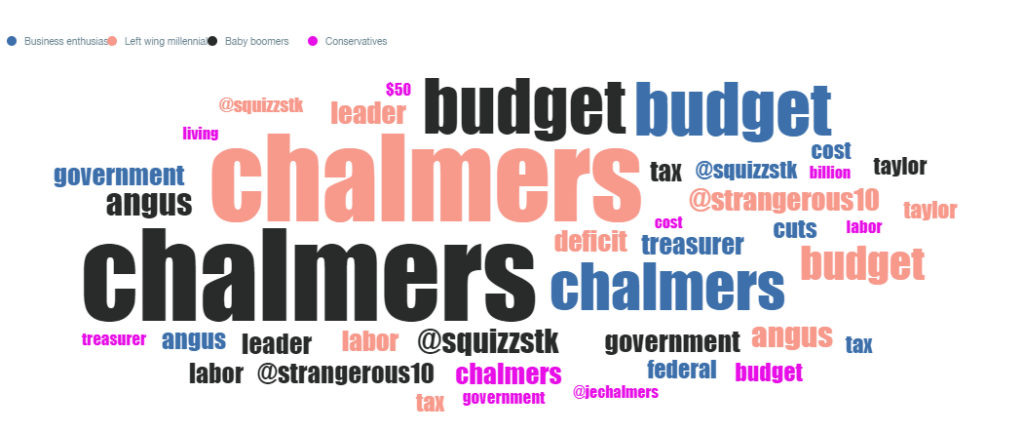 The top keywords used by key communities discussing the Federal Budget online and social media.